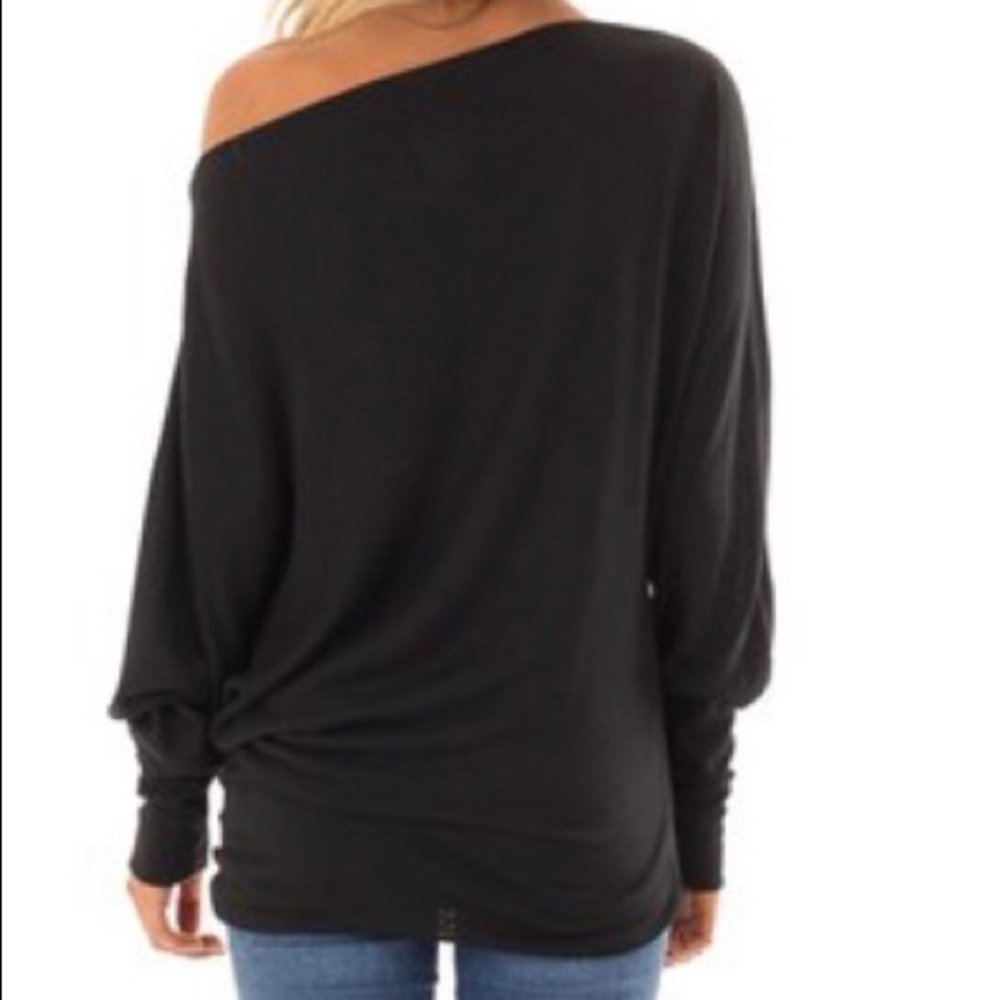 Off Shoulder Dolman Knit Top in Black - Picture 2 of 3